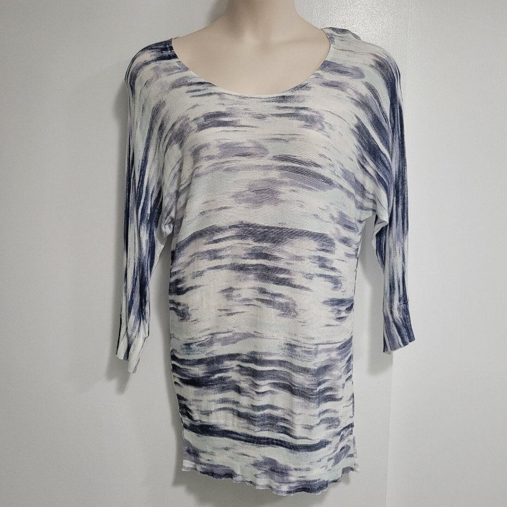 Chico's Size 3 (XL) Blue Abstract Print Rayon Blend Longer Thin Knit Sweater